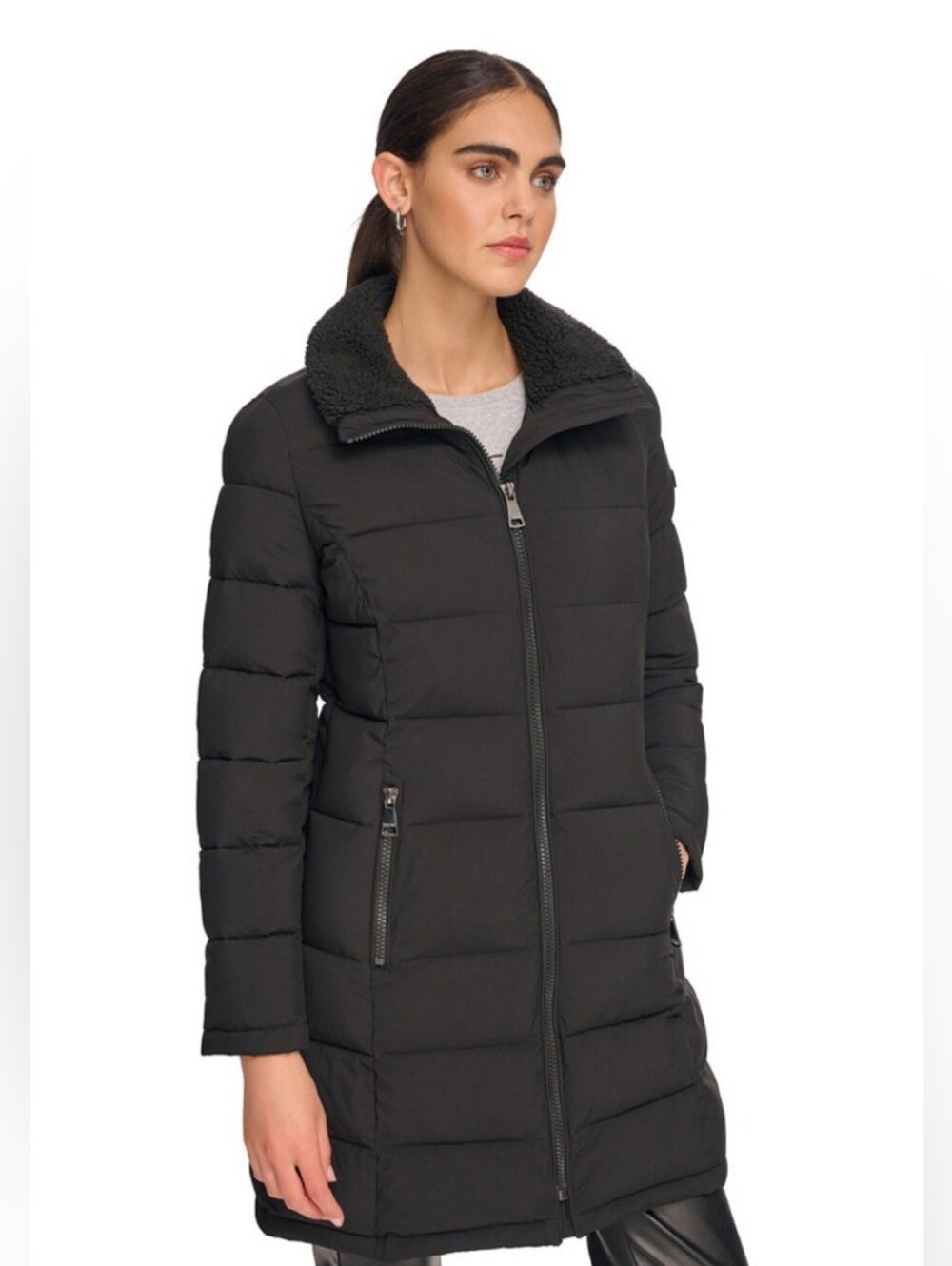 Calvin Klein Womens Water Resistant Faux Shearling Lined Hood Puffer Coat Med